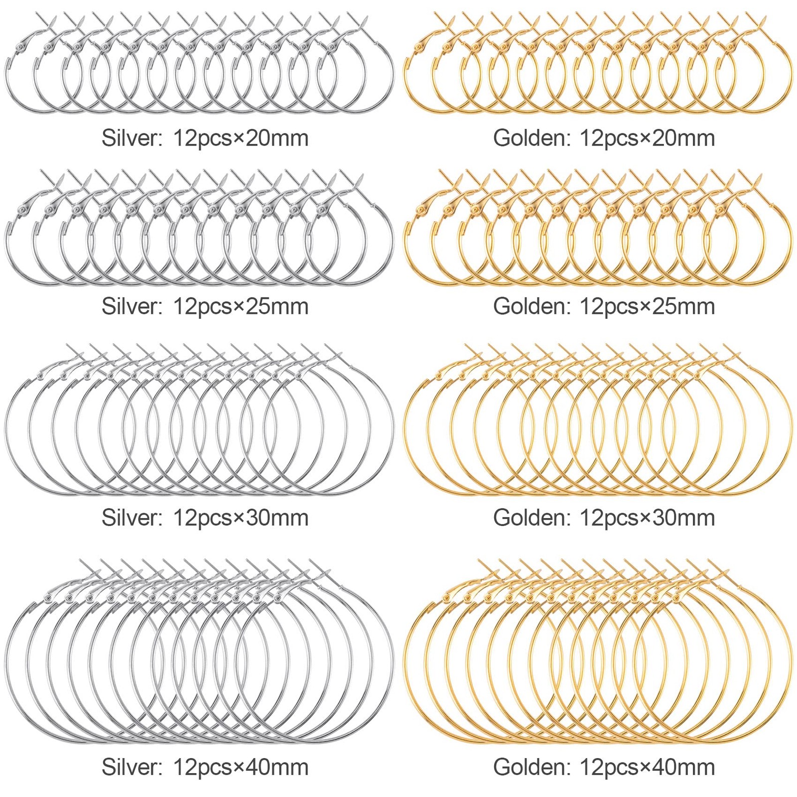 96Pcs Hoop Earrings Finding, Hypoallergenic Alloy round Earring Hoops