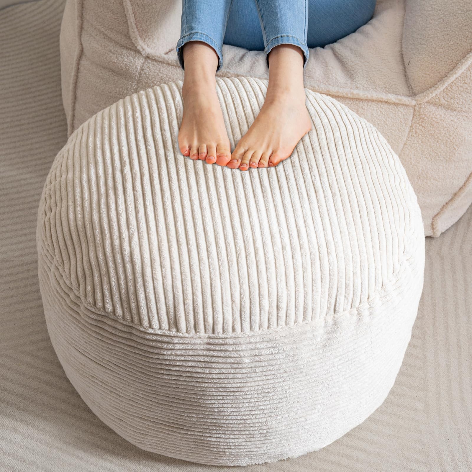 HIGOGOGO Round Stuffed Pouf Ottoman, Corduroy Poufs with Foam 26 inch, Beige