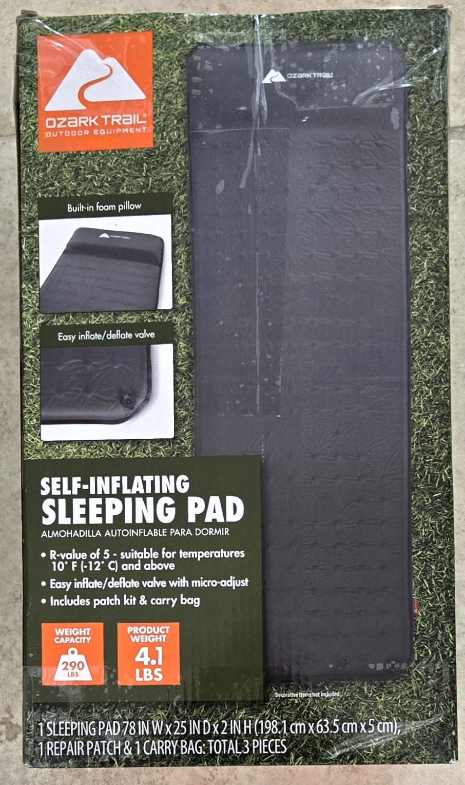 Ozark Trail Self-Inflating Camping Pad with Pillow Grey 78" L x 25" W x 2" H