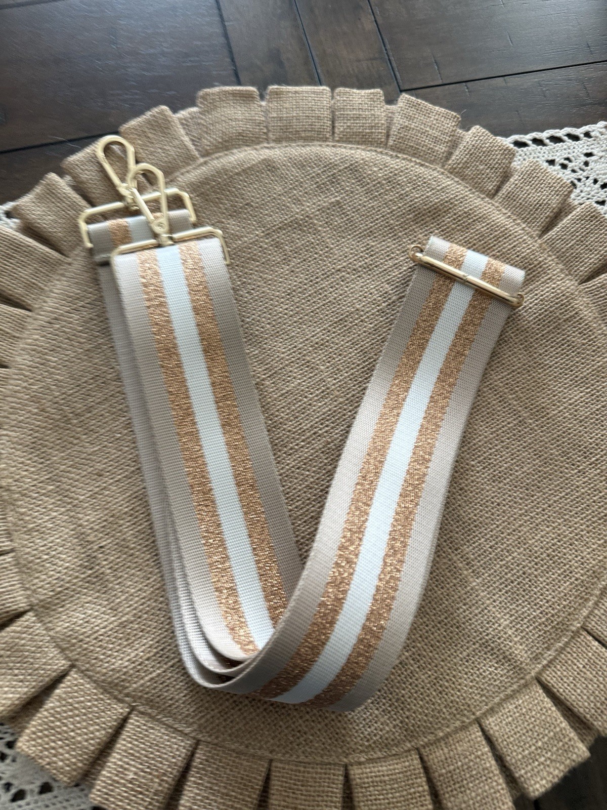 Wide Crossbody Strap, gold, white and tan