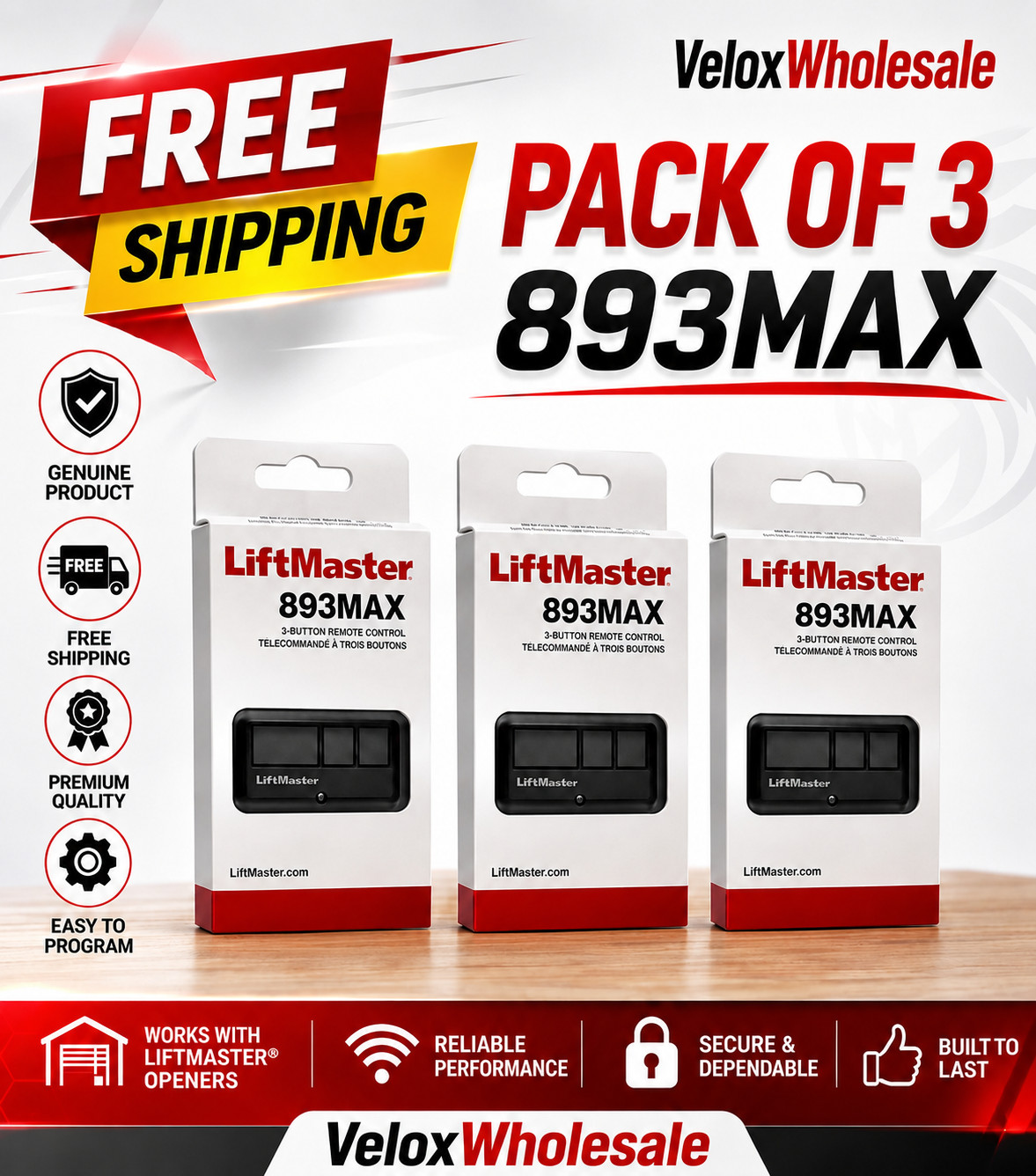 (3-pack) 893MAX 3 Button Liftmaster Visor Remote Control Garage Door Opener