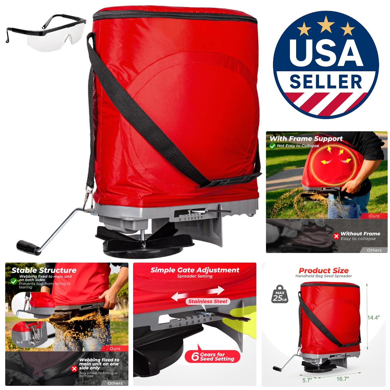 Effortless Lawn Care: 25lb Handheld Seed Spreader with Flow Control & Goggles