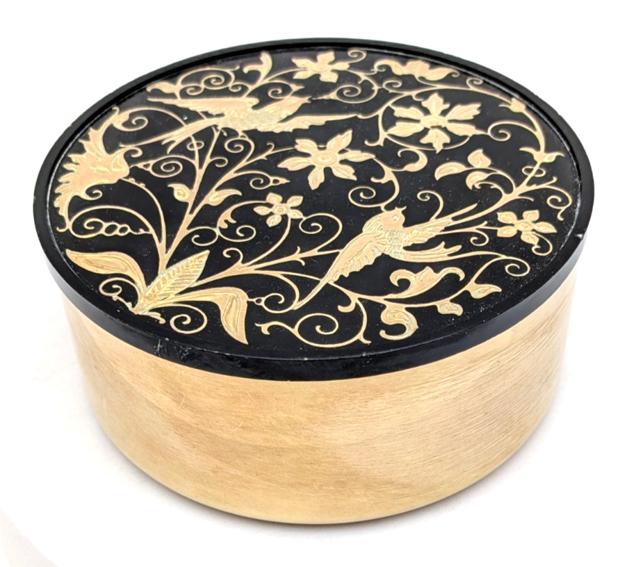 Oneida Brass Trinket Box Black Enamel Lid Birds