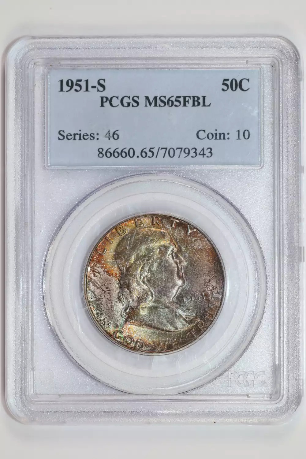 1951-S FRANKLIN HALF DOLLAR PCGS MS65 FBL PRETTY COLOR!