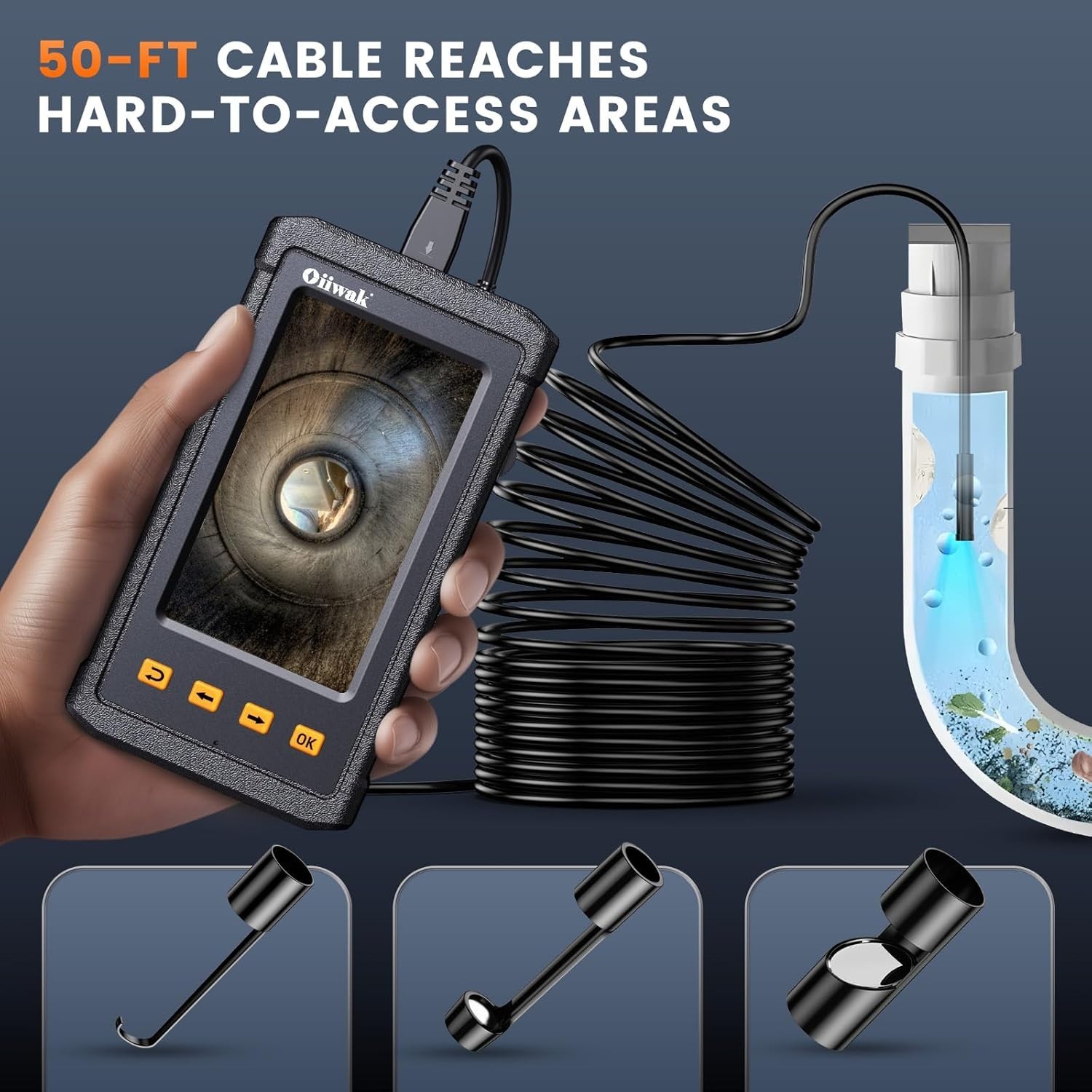 Portable 50FT Borescope Camera with 6 LED Lights - Perfect for Pipes & Engines