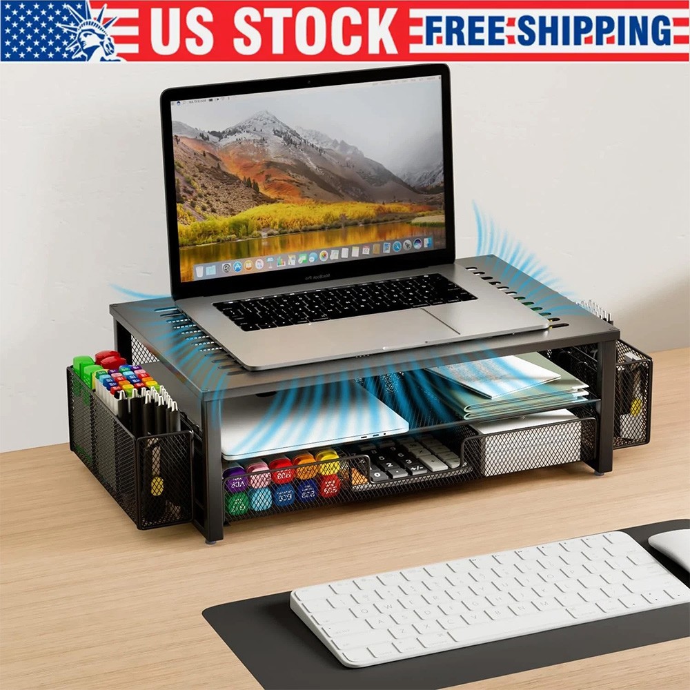 2 Tier Metal Monitor Stand Monitor Riser and Computer Desk Organizer with Drawer