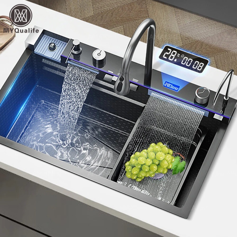 304 Stainless Steel Waterfall Kitchen Sink Digital Faucet Soap Dispenser Set