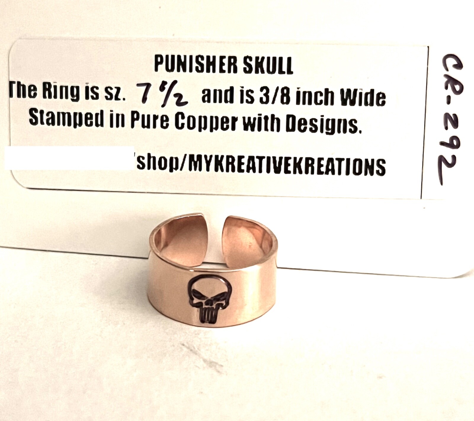 COPPER OPEN BACK DESIGN STAMPED RING PUNISHER SKULL SYMBOL #CR-292