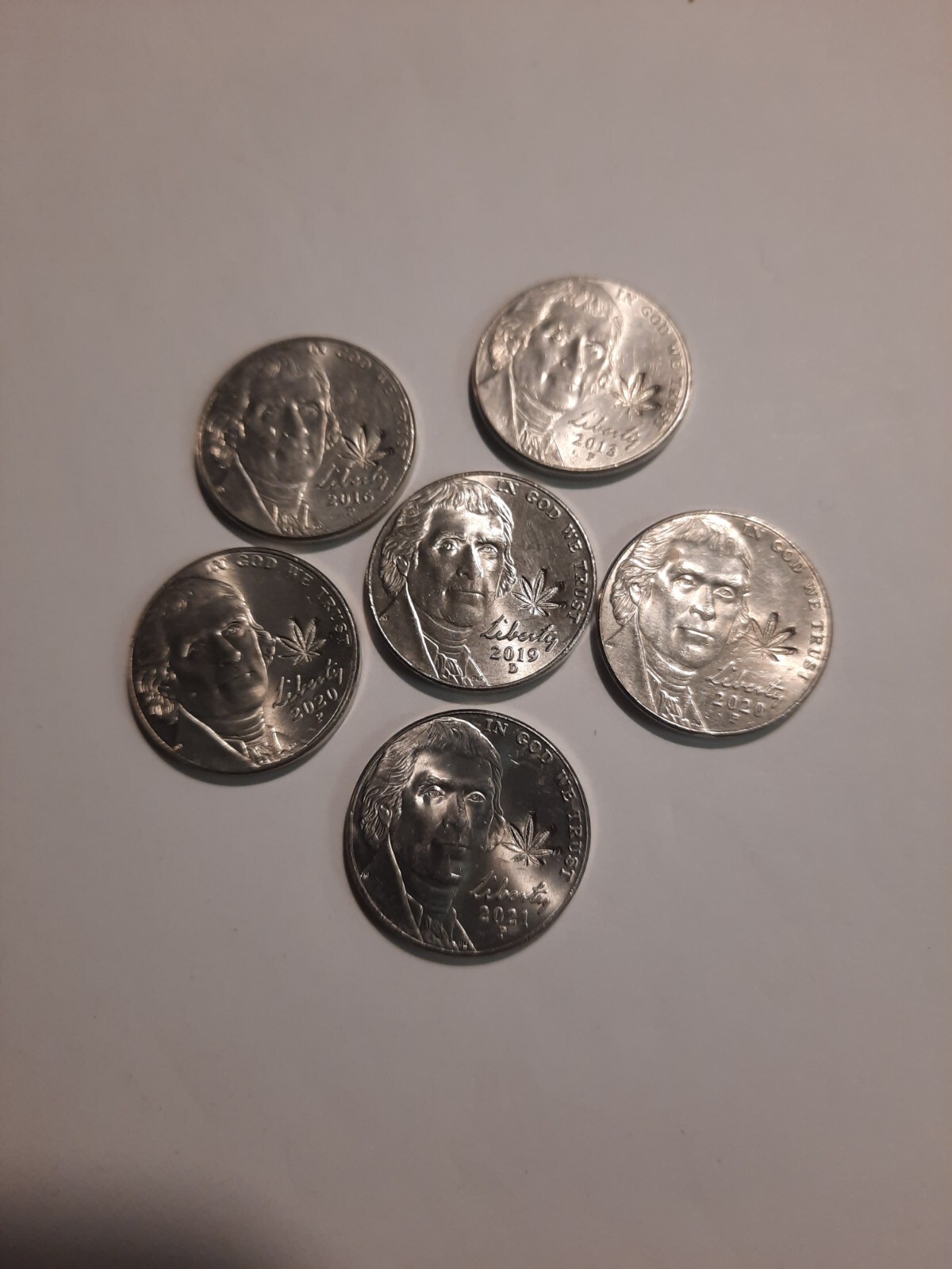 Lot Of 5 Real Jefferson Nickles Counterstamp  Marijuana Cannabis Hemp Pot  Coins