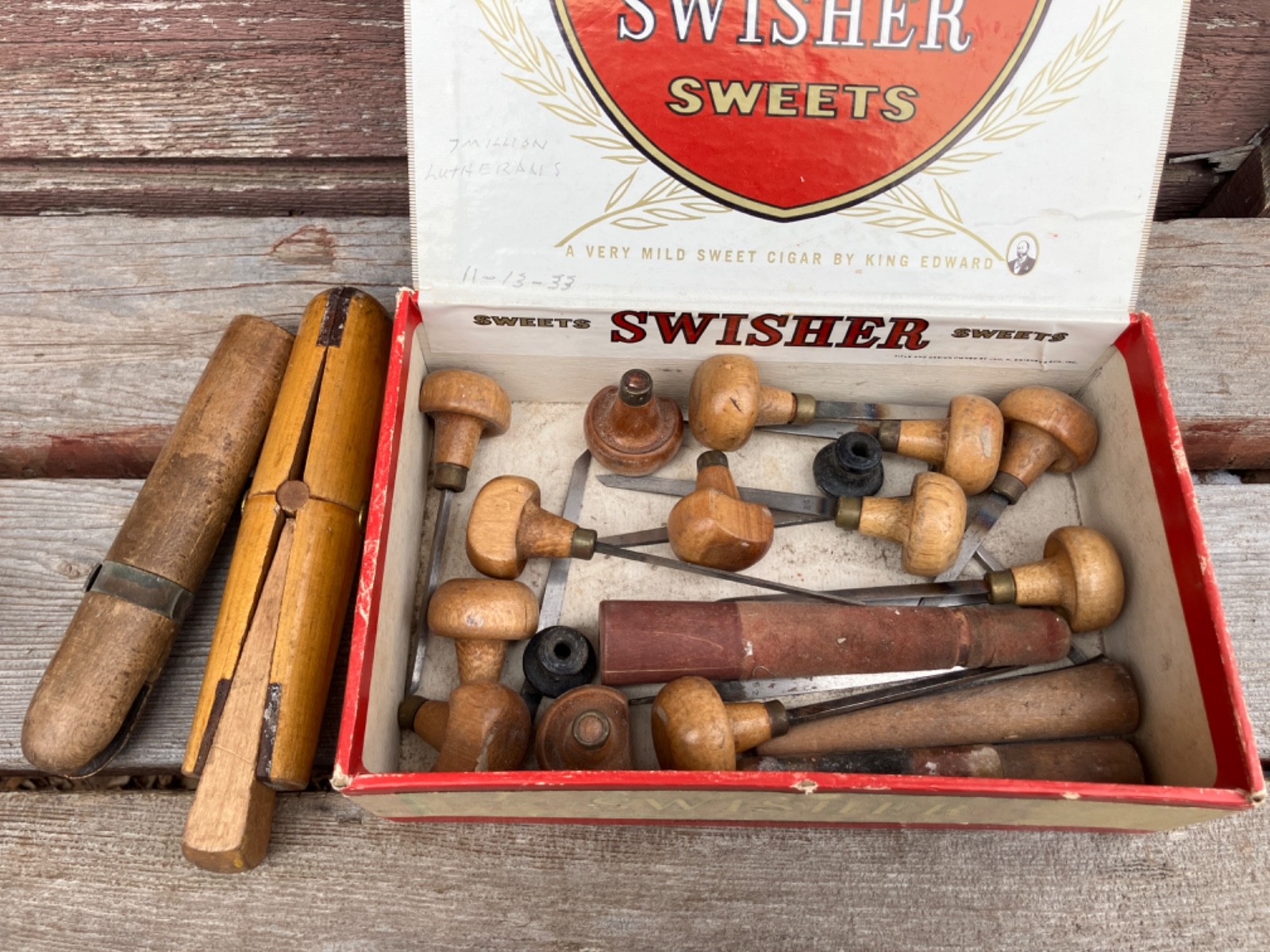 VTG BOX OF WOOD HAND CARVING ENGRAVING TOOLS CHISELS JEWELERS CLAMPS ESSLINGER