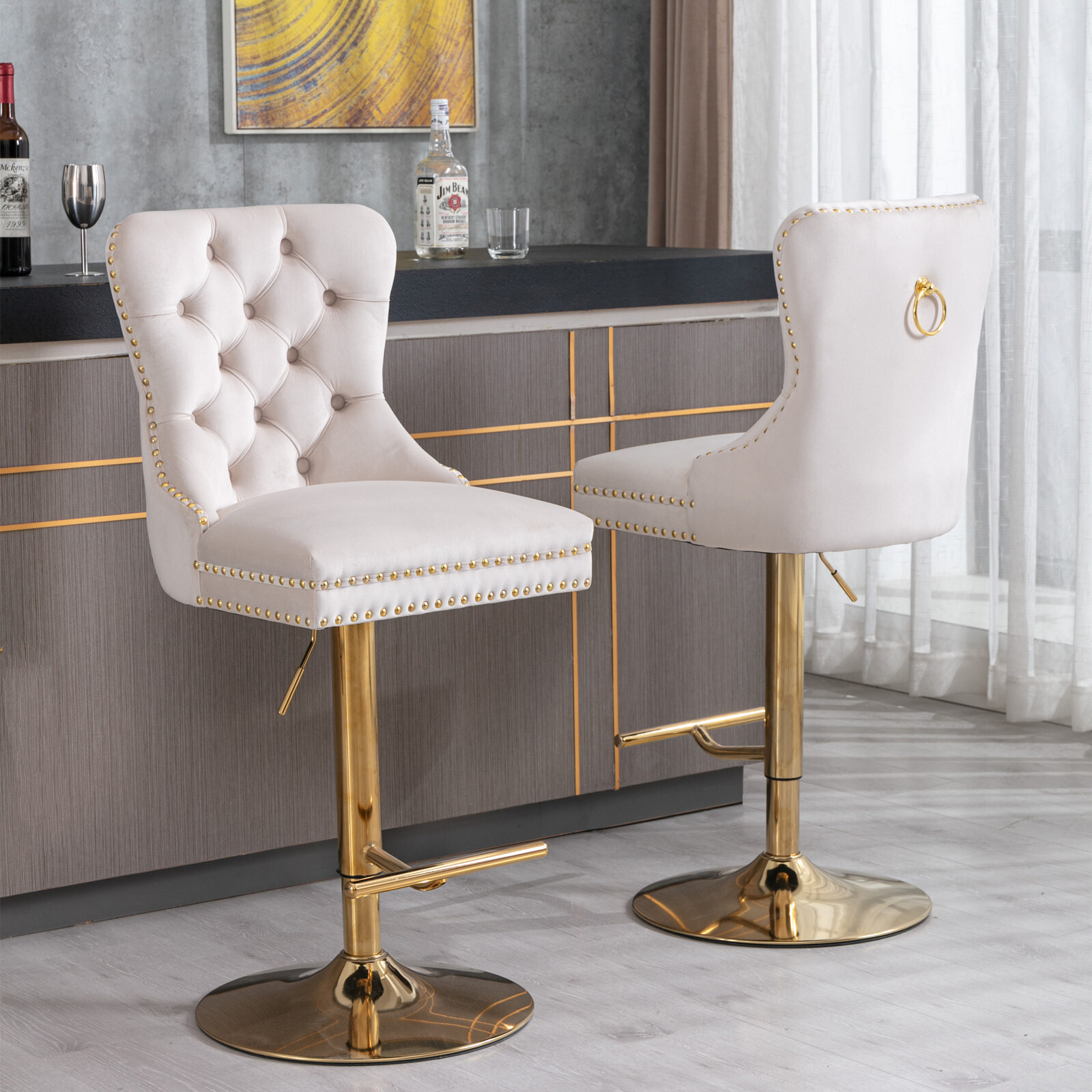Bar Stools Set of 2 Velvet Upholstered Wingback Adjustable Swivel Bar Chairs