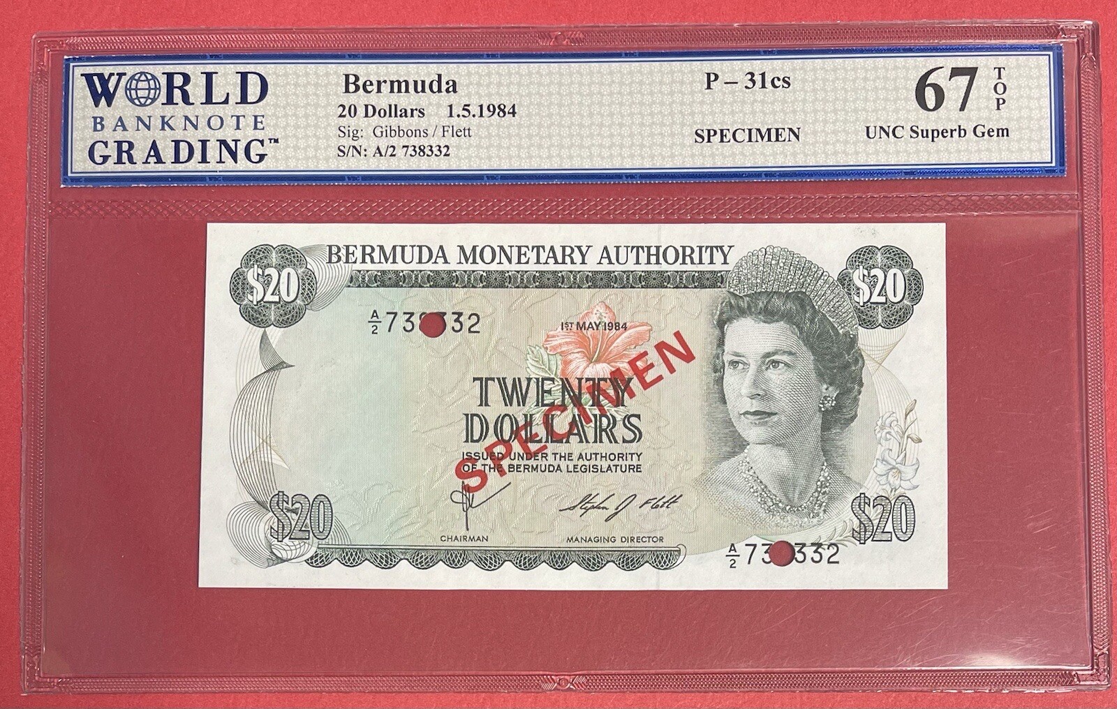 Bermuda - Specimen $20 Dollars 1.5.1984 PICK# 31cs WBG: 67 TOP GEM UNC. (#2618)