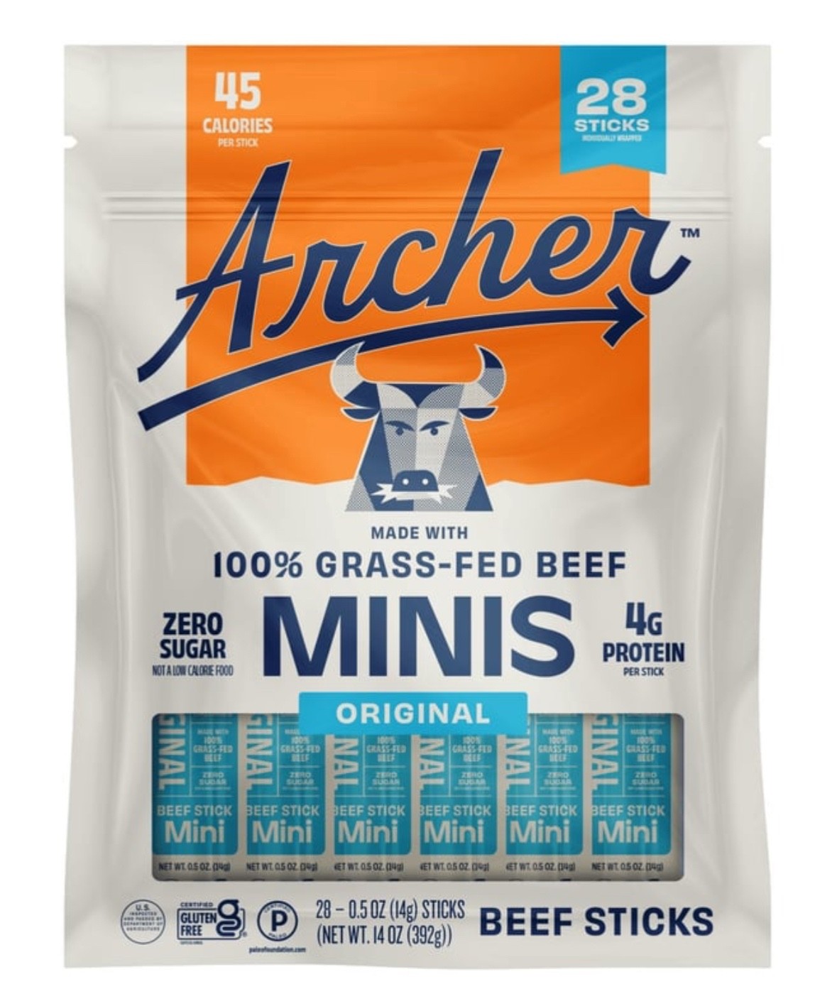 Country Archer Grass Fed Beef Sticks 28 count MINIS Original Flavor 14 Ounce Bag