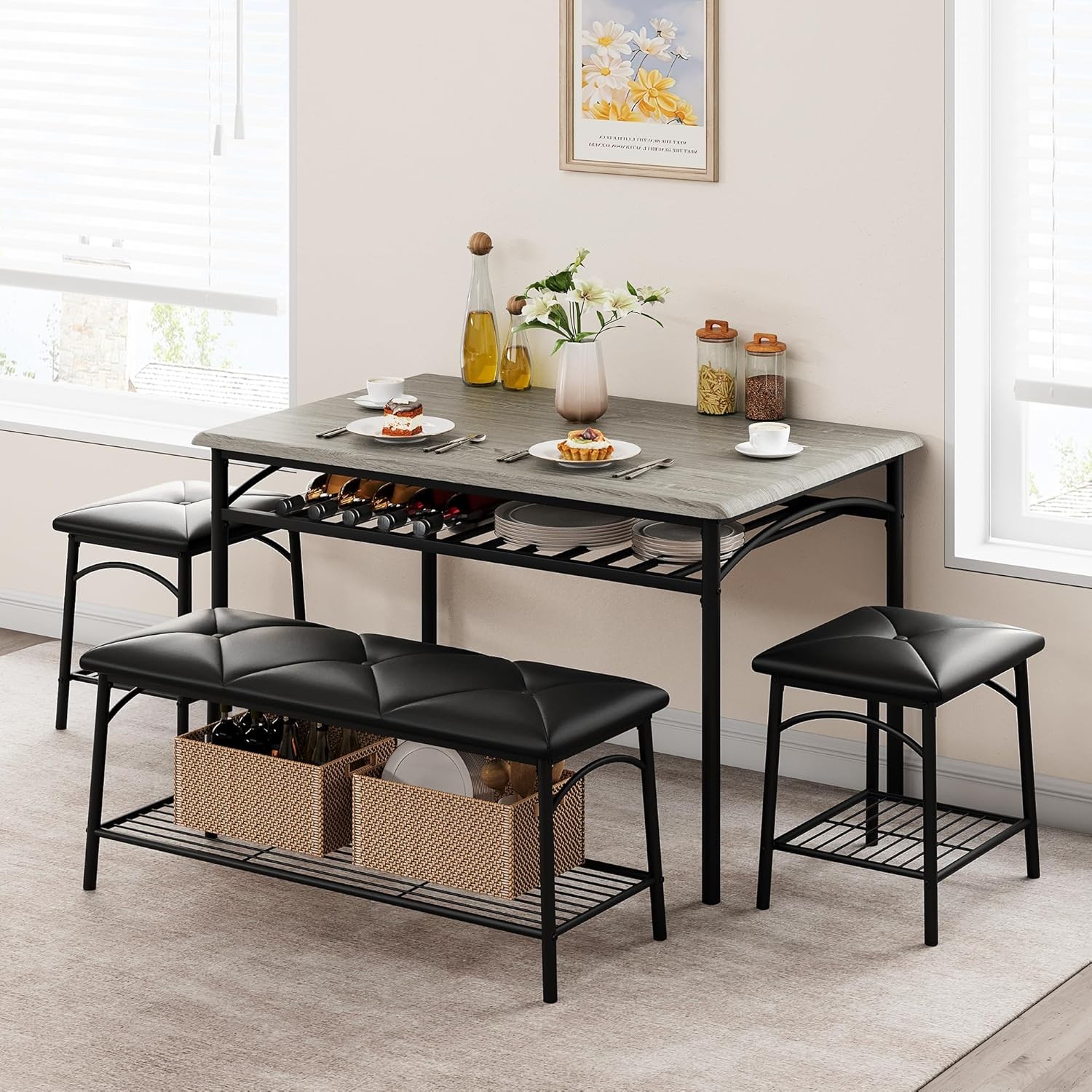 Kitchen Table Set for 4 Dining Table with Bench and 2 Square Stools Storage USA