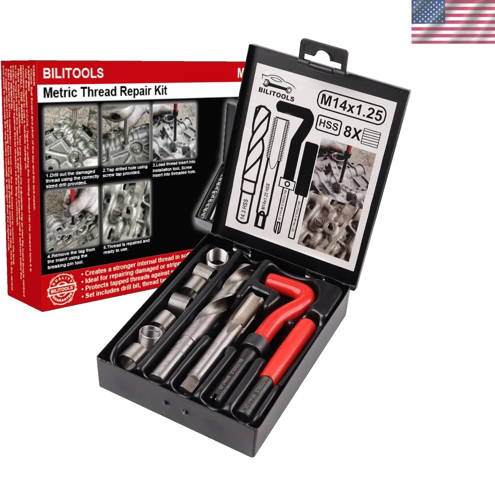 Complete HSS Drill & Thread Repair Kit M14x1.25 - Portable Iron Case Included