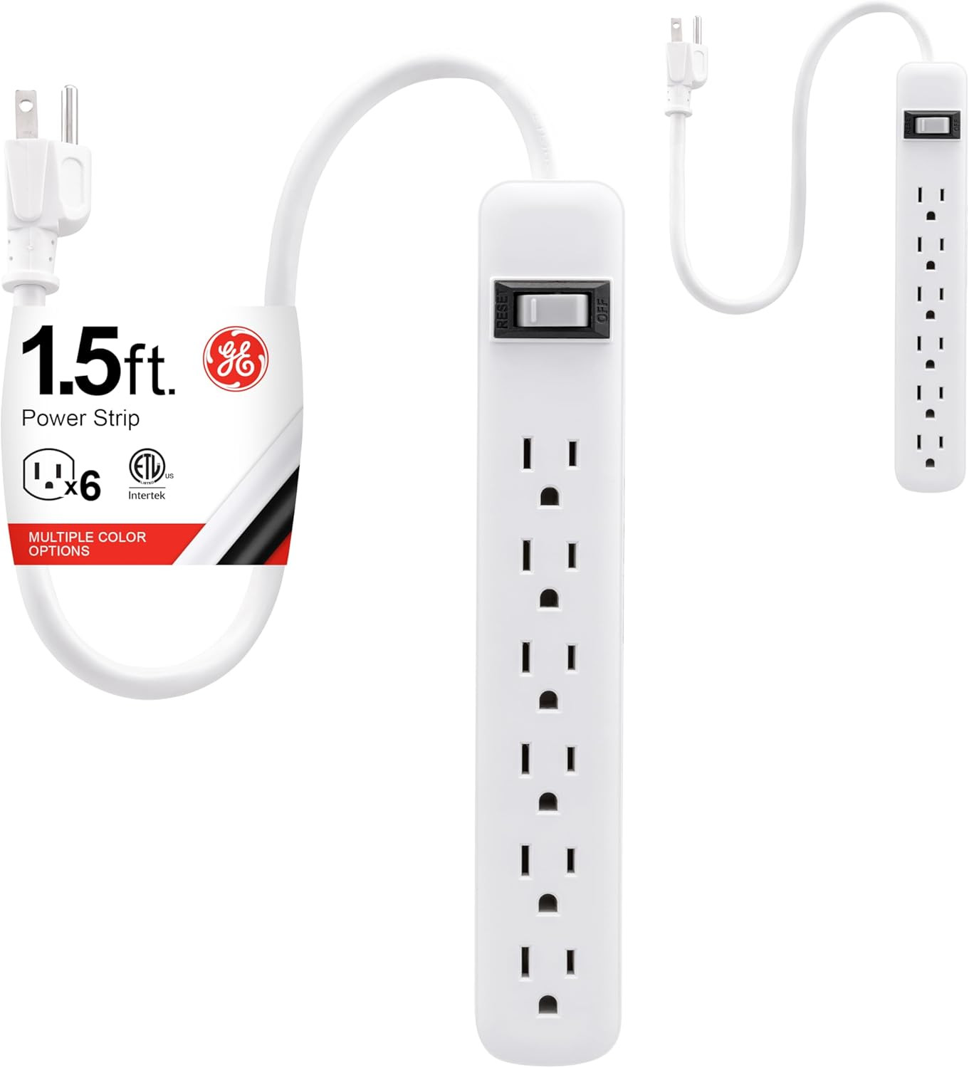 GE 6-Outlet Power Strip, 2 Pack, 1.5 Ft Extension Cord, Heavy Duty Plug, Grounde