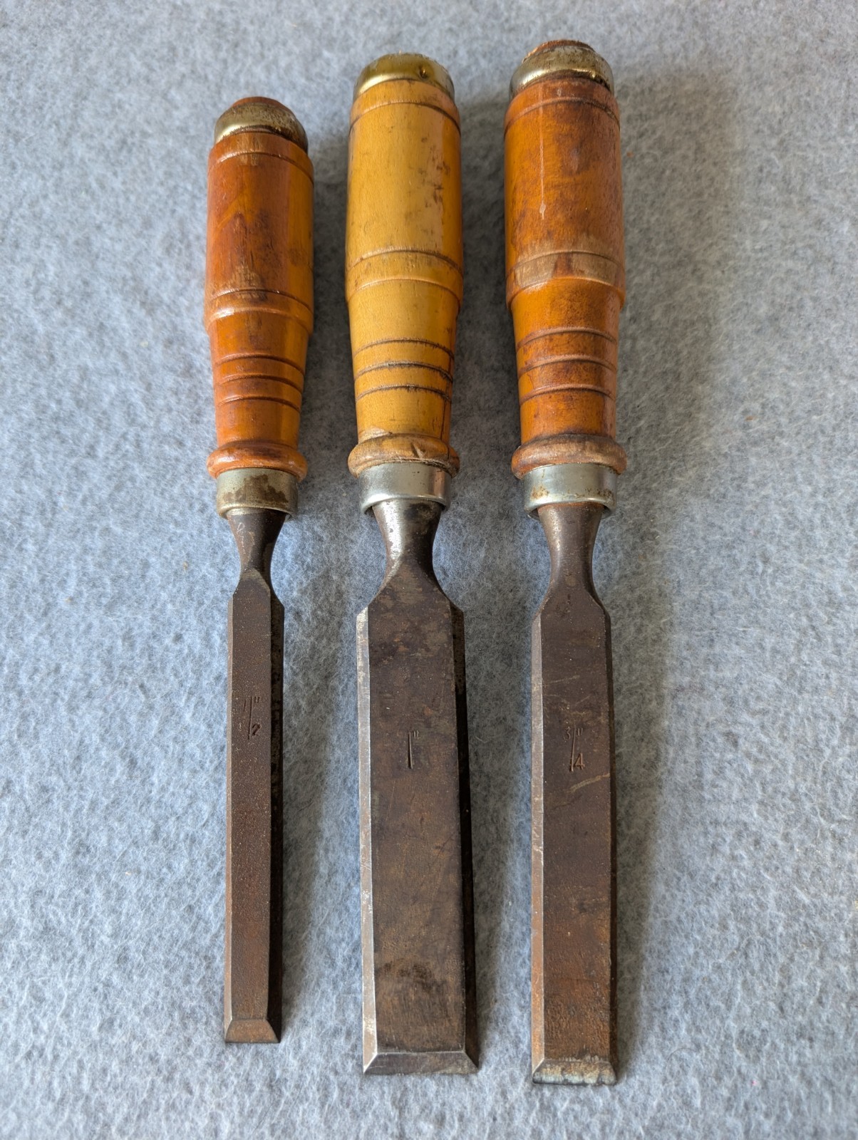 Lot of 3 Vintage Bevel Edge Wood Chisels 1/2" 3/4" &  1" Wide Wooden Handles
