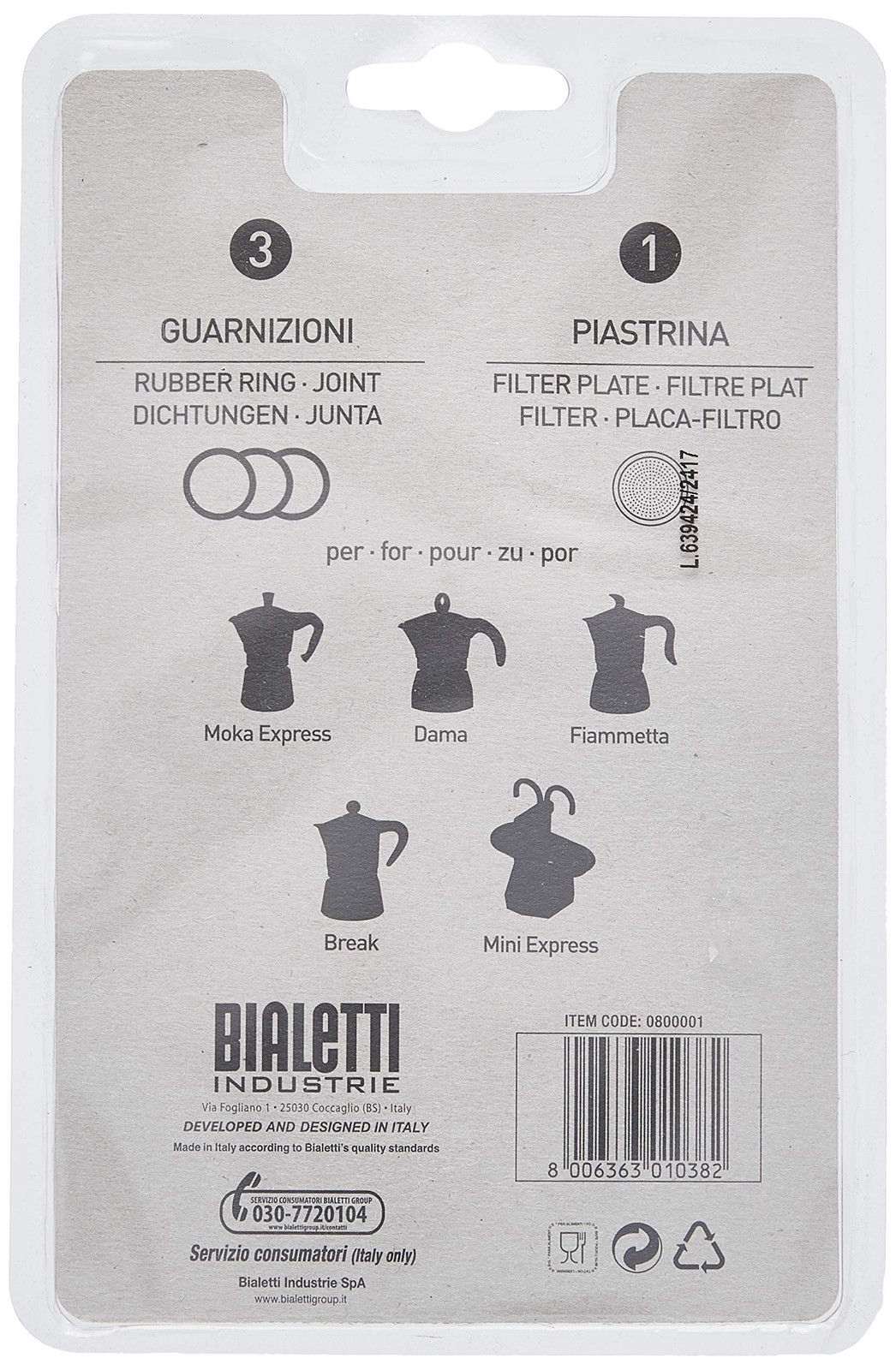 Bialetti Replacement Gaskets and Filter for 1 Cup Moka / Break / Dama / Mini ...