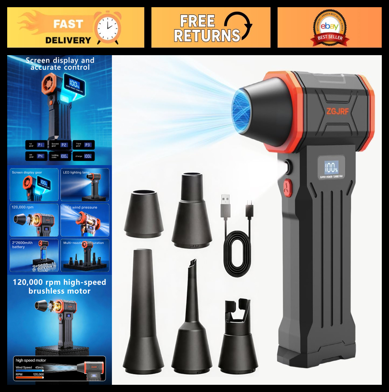 High-Powered Cordless Air Duster, 120000RPM Mini Turbo Blower, 4-Speed LED Light
