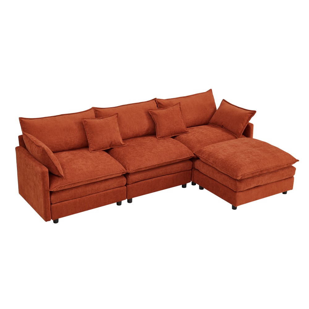 Chenille Sectional Sofa, L-Shaped 3-Seater Modular Couch w/ Ottoman, Dark Orange