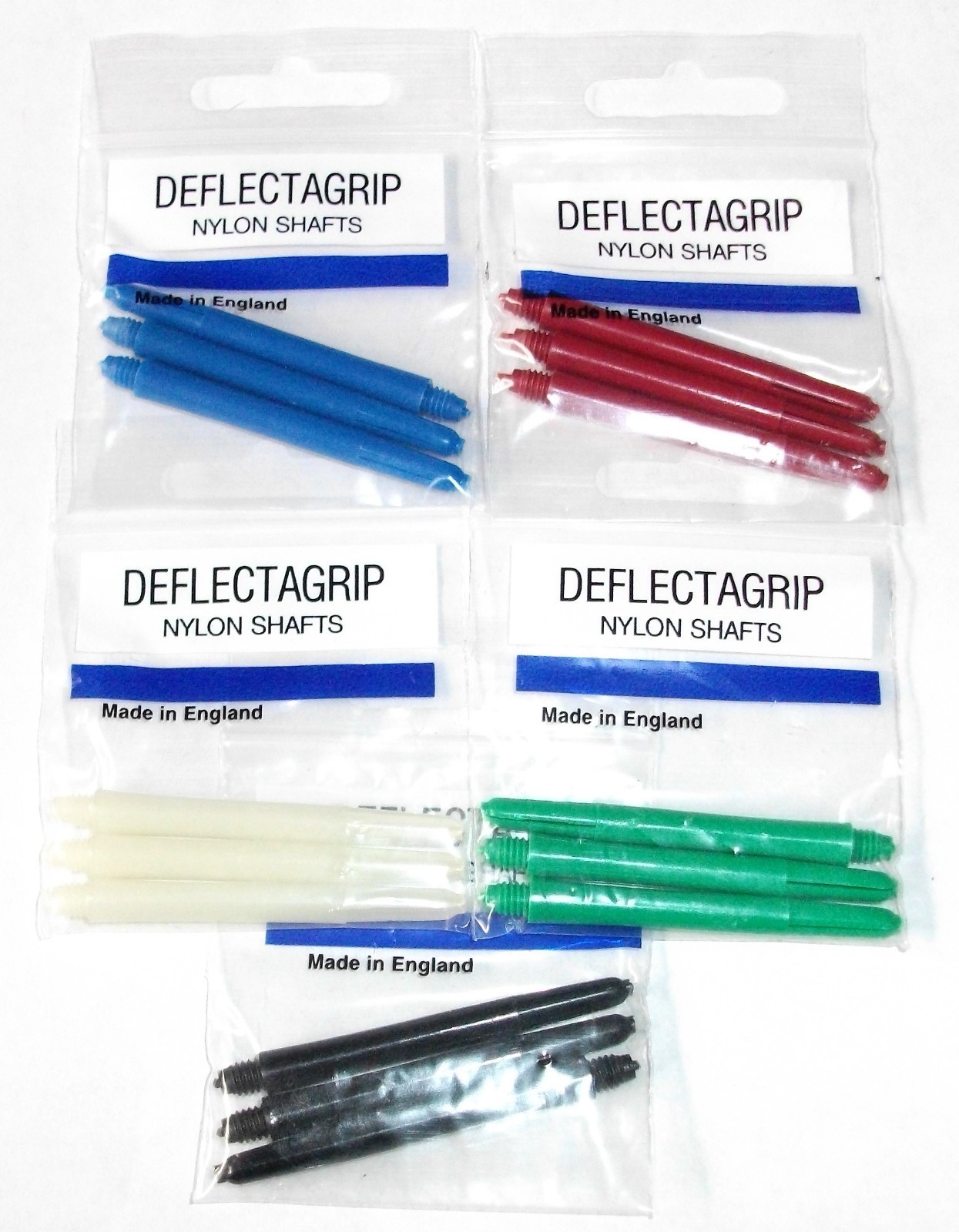 15 PCS DARTS LONG LENGTH SHAFTS DEFLECTAGRIP NYLON ENGLAND BLUE RED WHITE GREEN