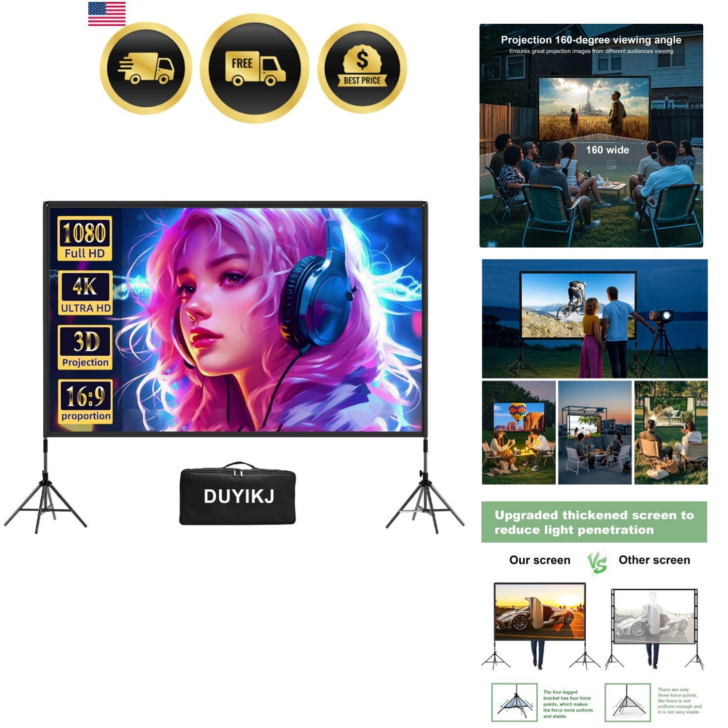 Projector with Stand Portable Outdoor Indoor 4K HD 120 Inch Movie Screen