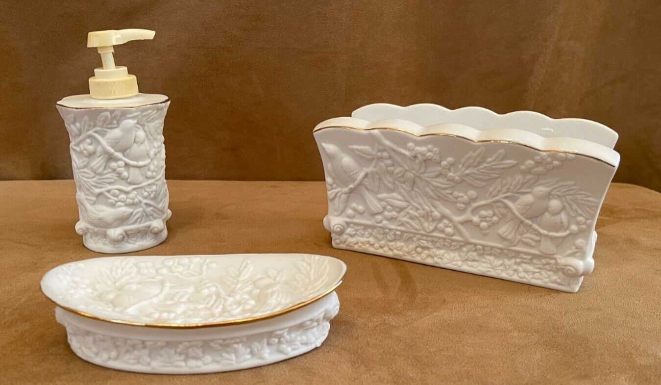 First Coast Designs Bathroom set pump jar soap towel holder white bird branch