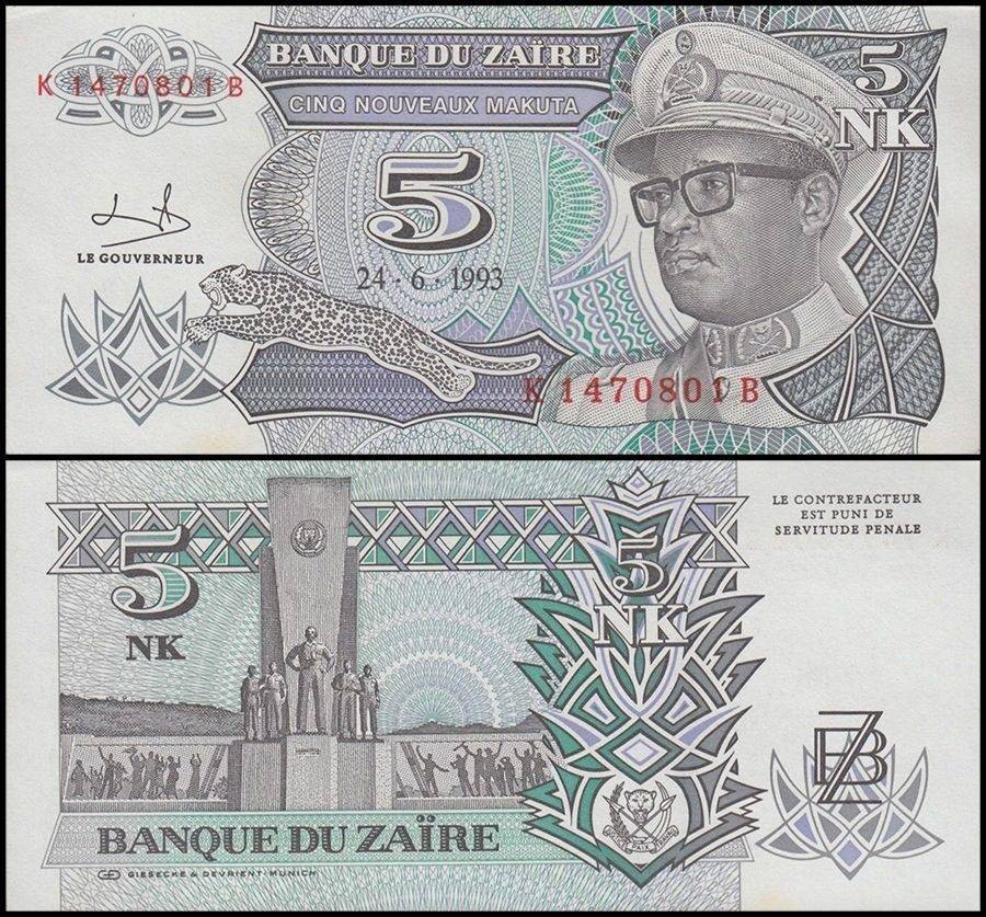 Zaire 5 Nouveaux Makuta, 1993, P-48, UNC