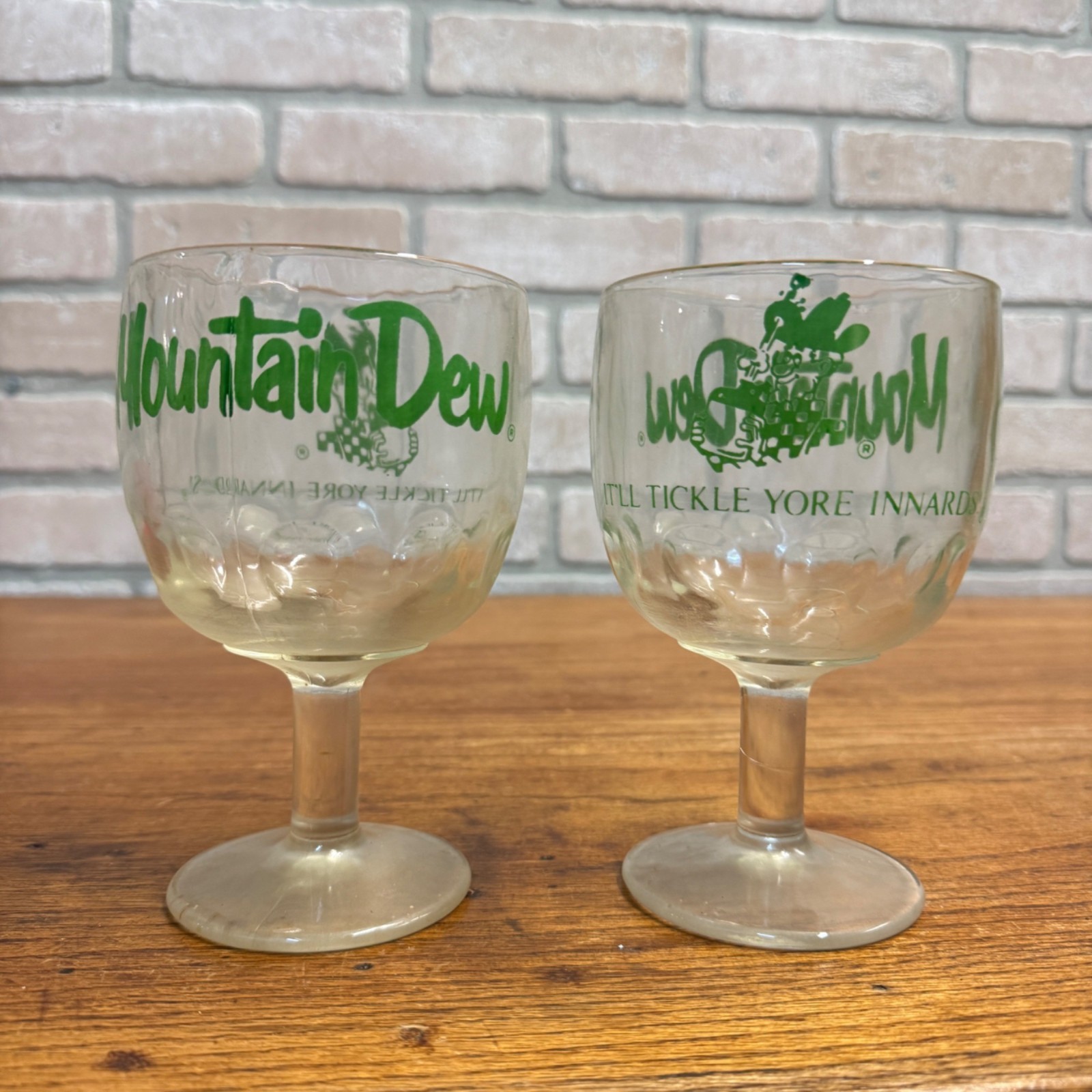Pair Mountain Dew Glass Stemmed Footed Goblet “It’ll Tickle Yore Innards” Vintag
