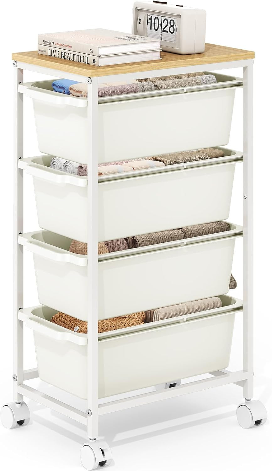 Rolling Storage Cart with 4 Drawers, Craft Organizer, Wooden Tabletop Utility Ca
