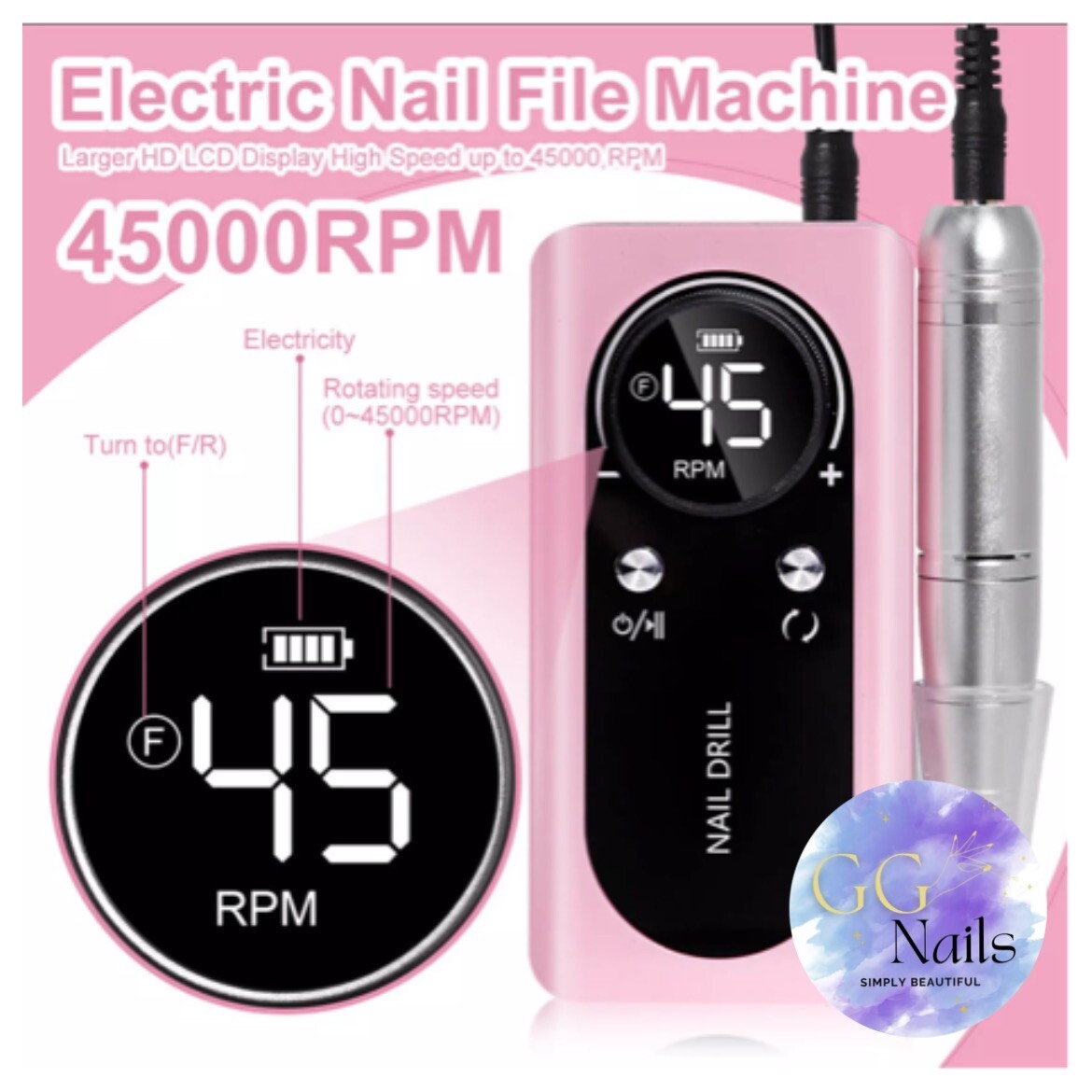 Rechargeable Nail 💅🏼Drill Device 45000 RPM with LCD Low Noise Accessory 2024