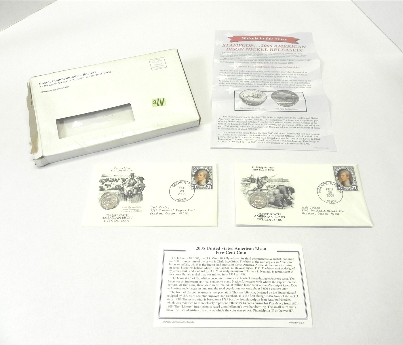 POSTAL COMMEMORATIVE SOCIETY 2 NICKLES FEB 28TH, 2005 PHILADELPHIA & DENVER