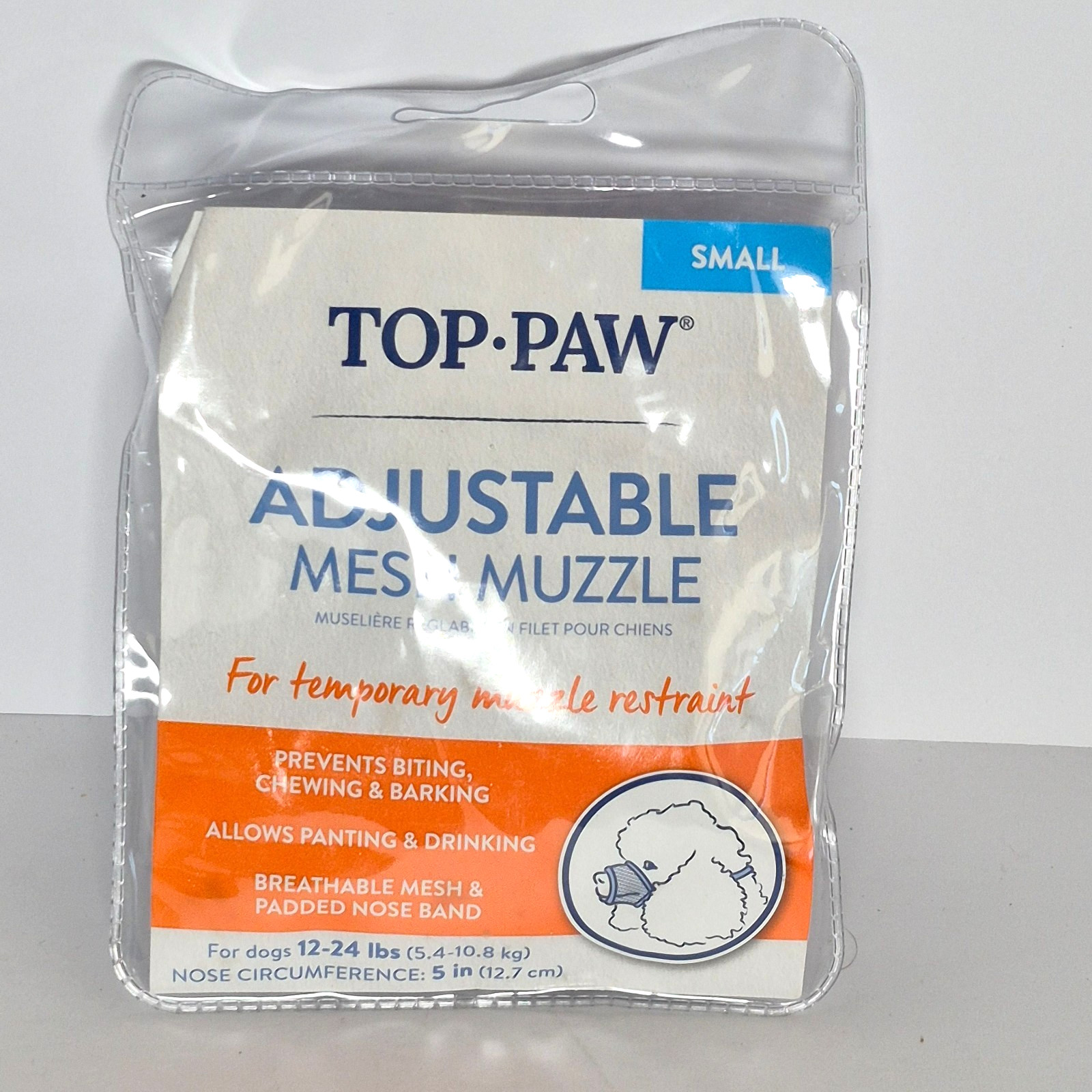 Top Paw Adjustable Mesh Dog Muzzle Small 12-24 lbs - New Sealed 5" Nose Circum