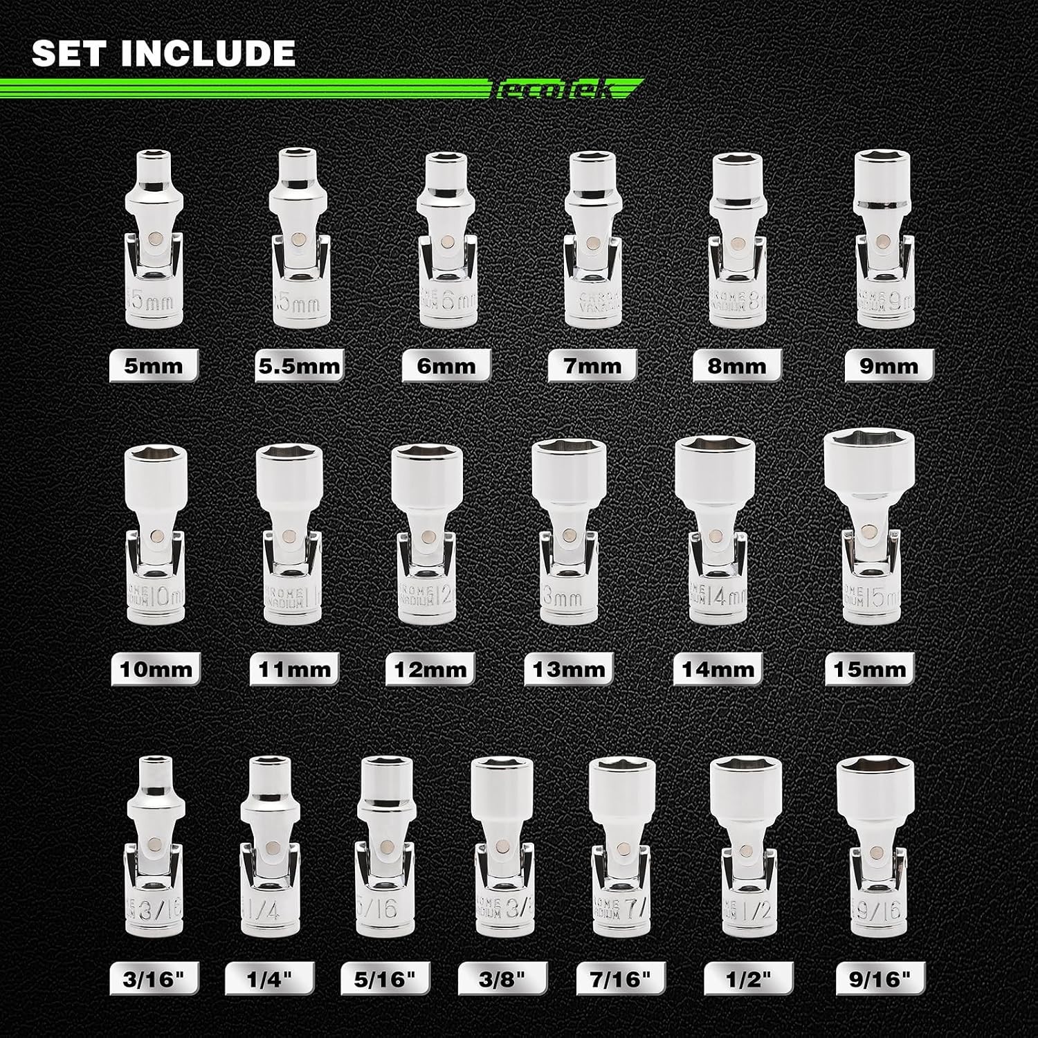 19PCS 1/4" Drive Universal Joint Socket Set Swivel Socket Set 6-Point SAE/Metric