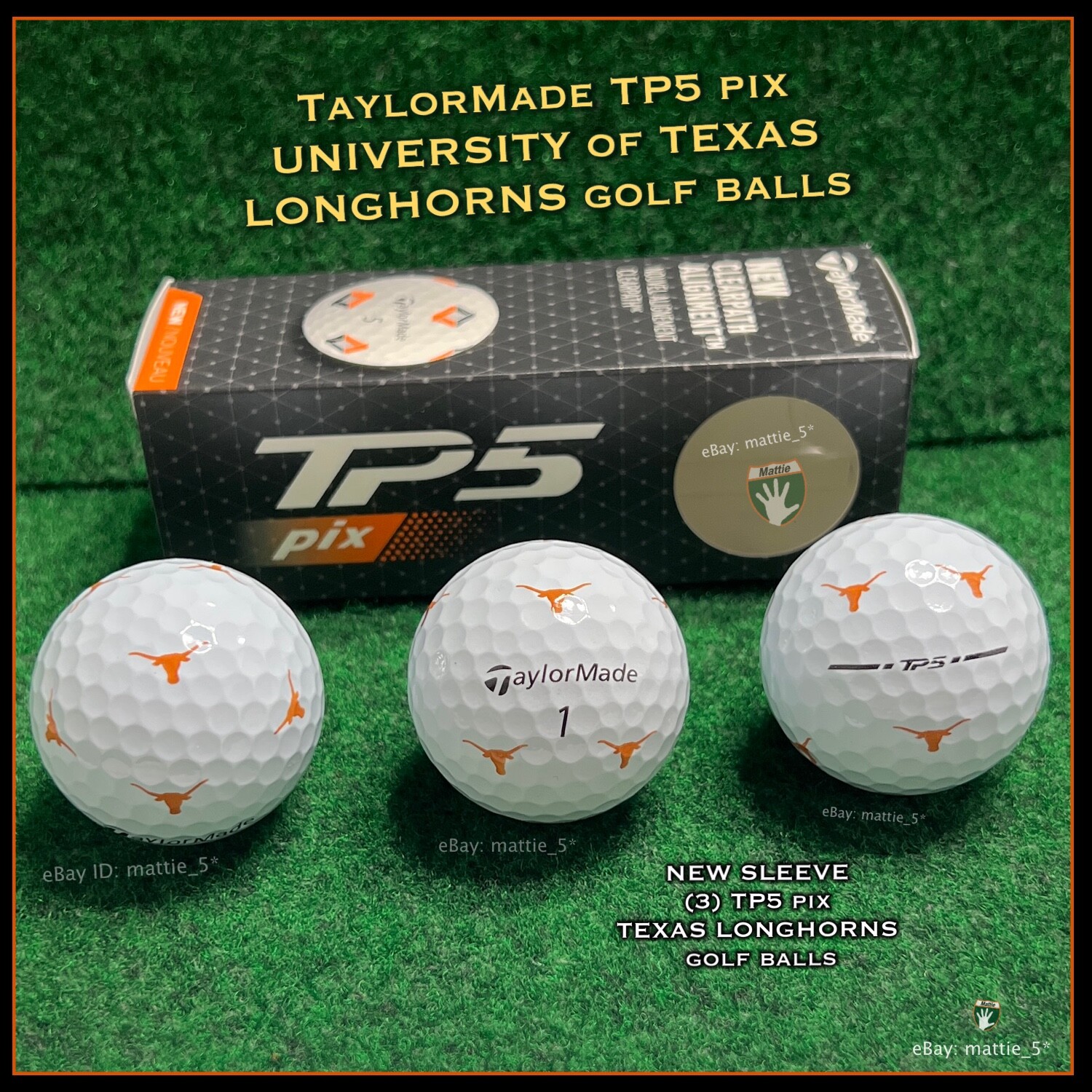 TaylorMade TP5 pix UNIVERSITY of TEXAS LONGHORNS (3 Logo Golf Balls) NEW SLEEVE