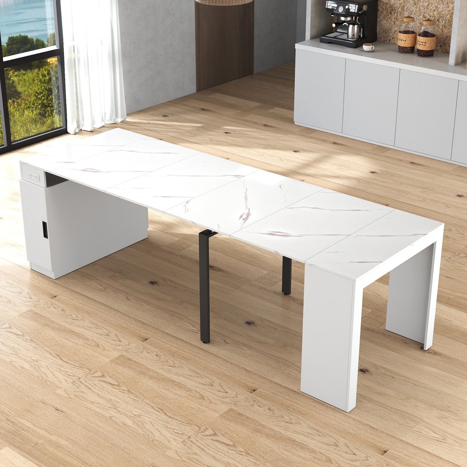 Modern Multifunctional Extendable Dining Table with Outlet, Space Saving Table