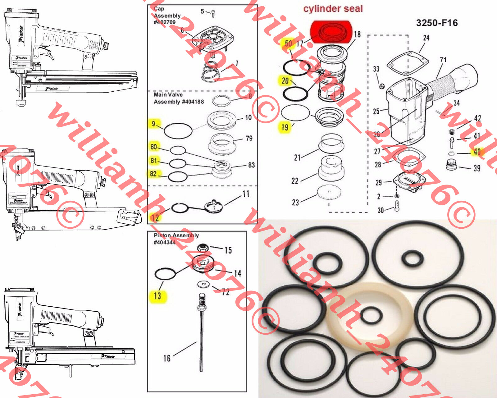 Paslode 3250 F16 O-Ring Kit + Cyl Seal + Cap Gasket Multiple Models