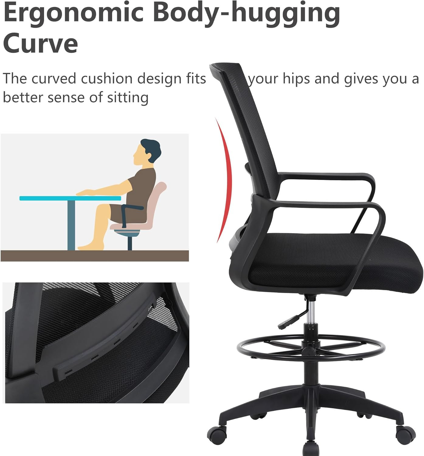 Drafting Chair Tall Office Chair Adjustable Swivel Rolling Mesh Height with Lumb