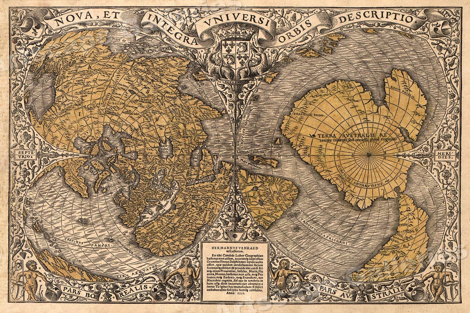 Historic 1530s Polar Map - World as seen from the North & South Poles - 20x30