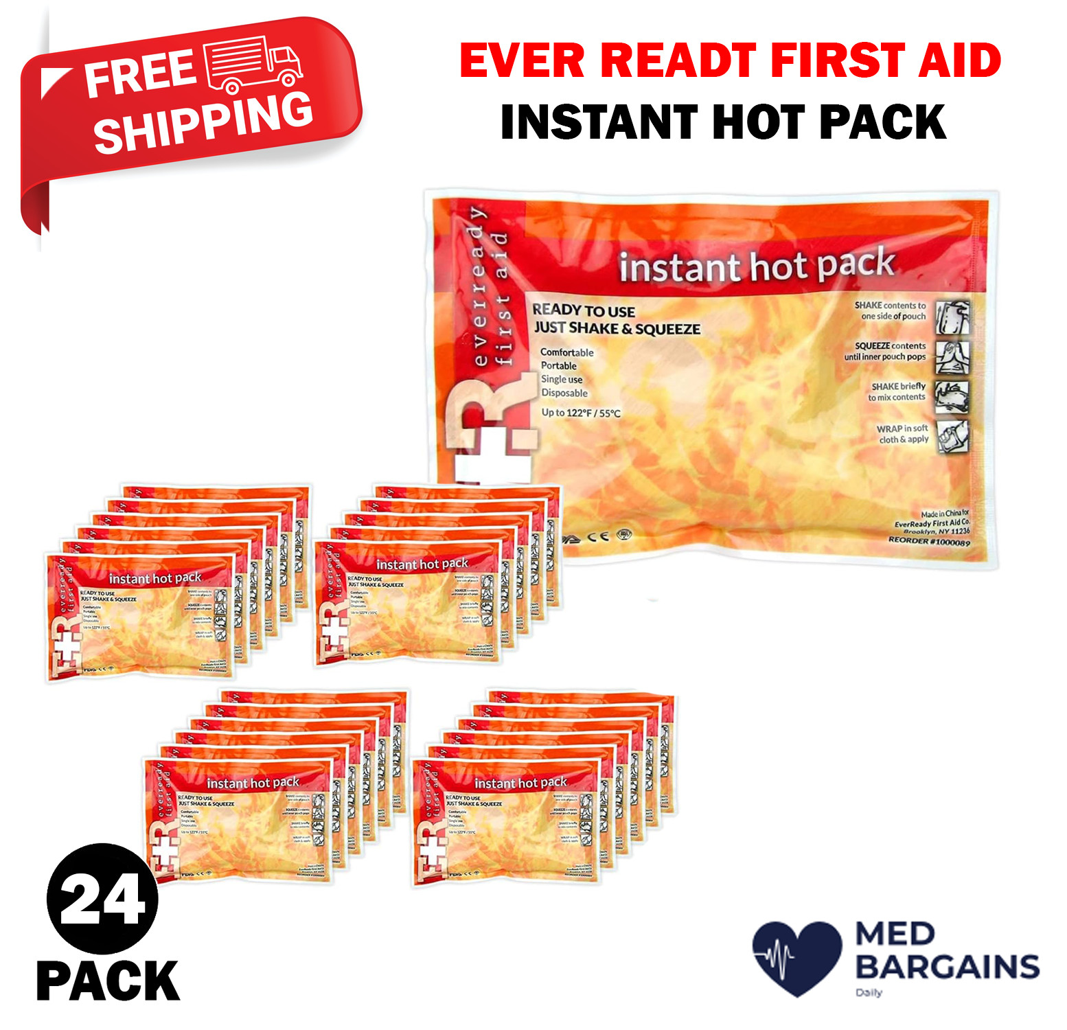 Ever Ready First Aid Instant Hot Pack 6" x 9" Joint & Back Pain Relief - 24 Pack
