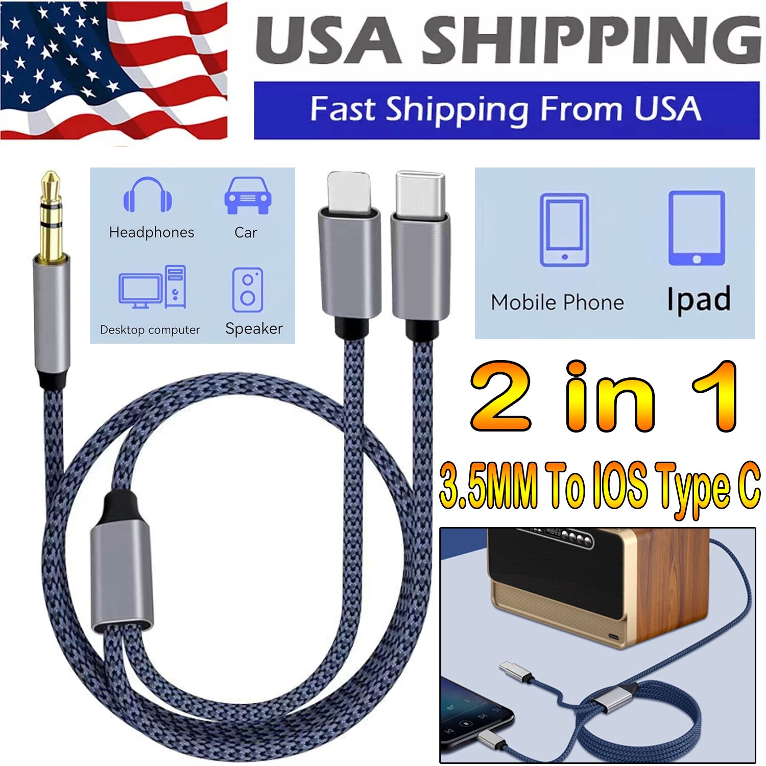 2 in 1 USB C & iOS to 3.5mm AUX Audio Cable For iPhone 17 Pro Max 16Plus Android