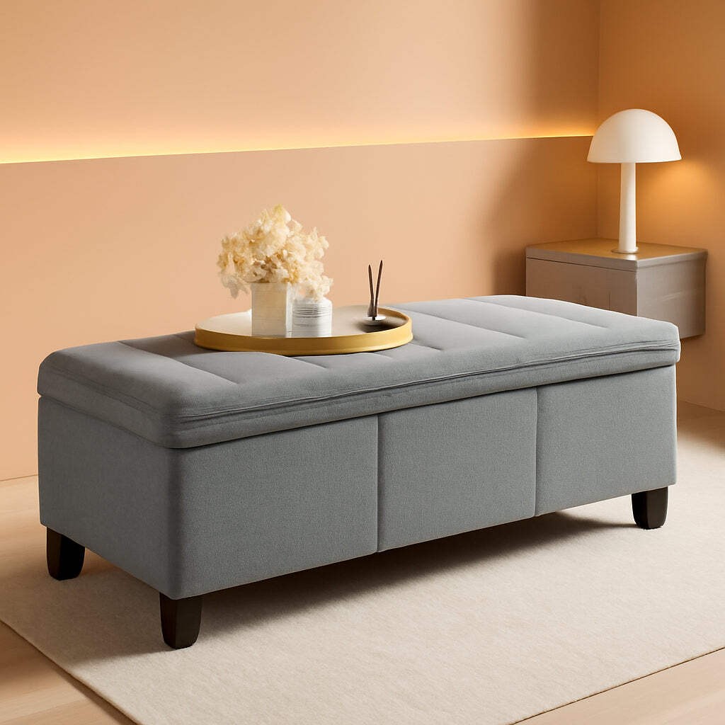 Forty Seven Inch Storage Ottoman Bench Linen Gray Fabric