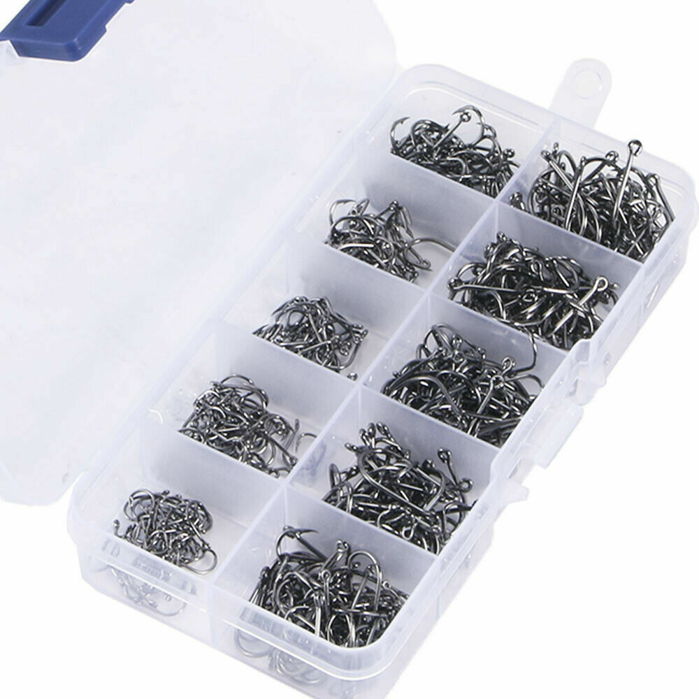 1000pcs Fish Hooks 10 Sizes Fishing Black Silver Sharpened With Box Quality kit