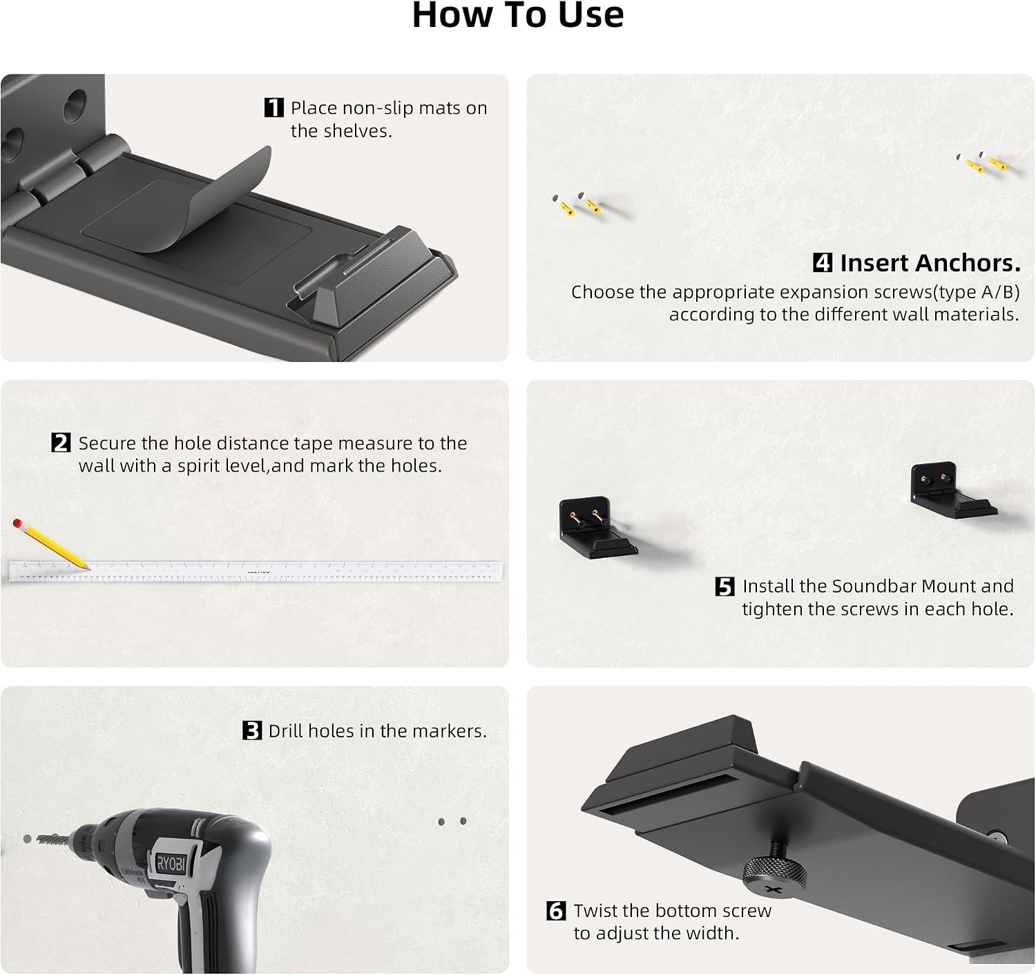 Versatile Adjustable Soundbar Mount - For Wall, TV, or Bookshelf Use, Black