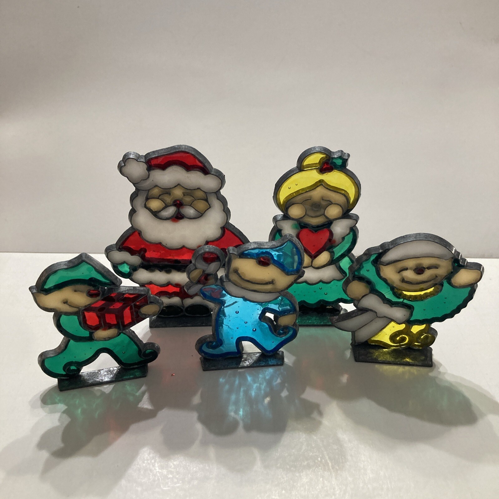 5 - VTG Christmas Sun Catchers Santa Claus Stained Glass Elves Mrs Clause RARE