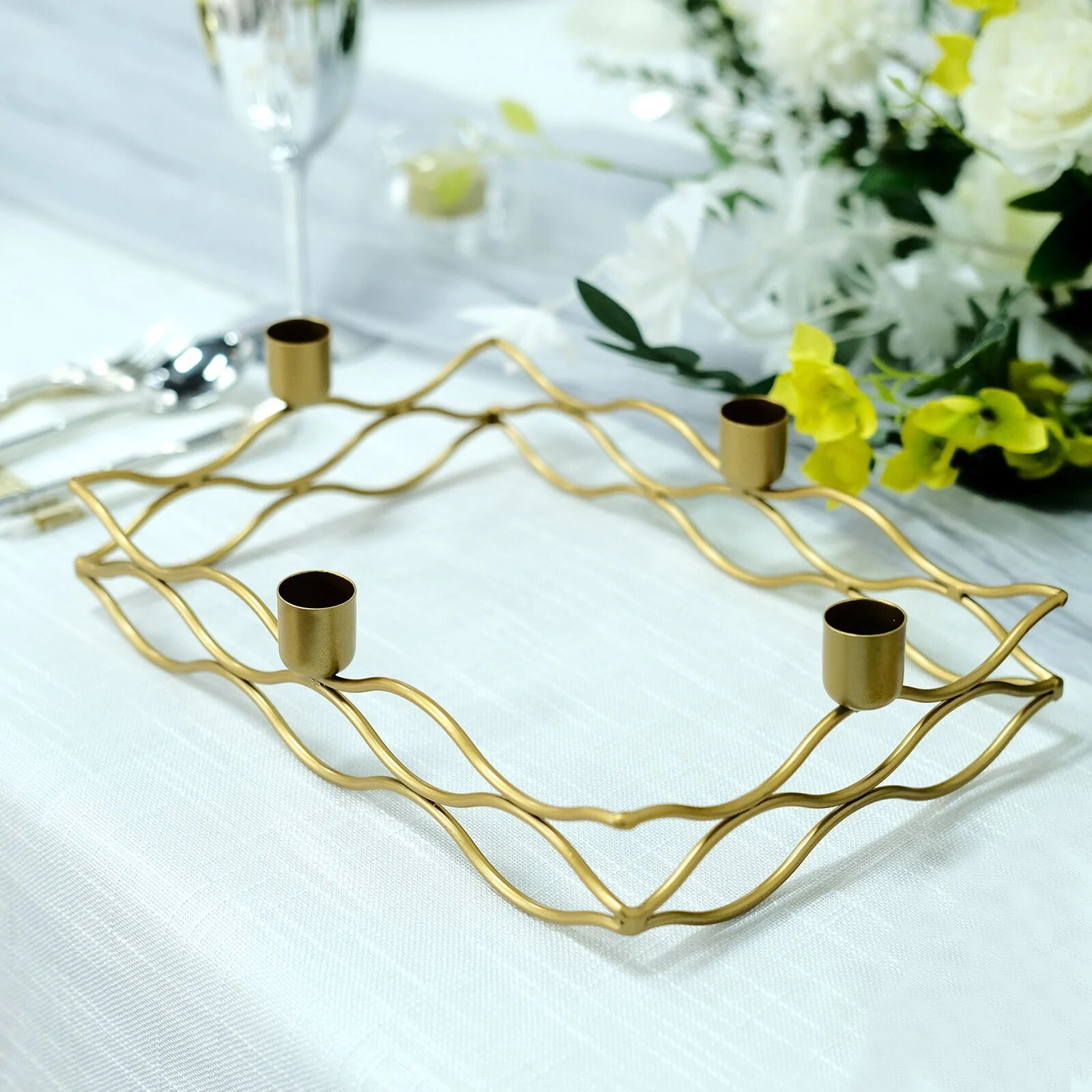 4 arm Gold Metal Rectangular Candelabra Taper Candle Holders Party Decorations