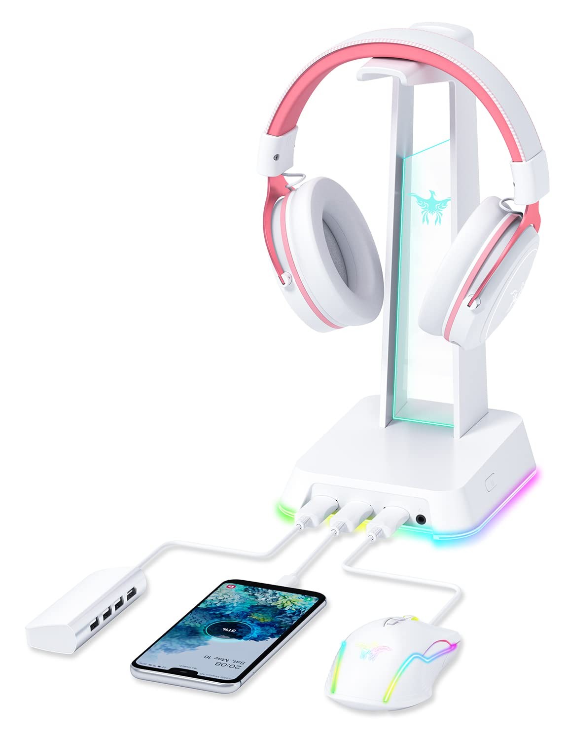 RGB Headphone Stand with 3.5mm AUX and 3-Port USB Hub for Gaming Accessories