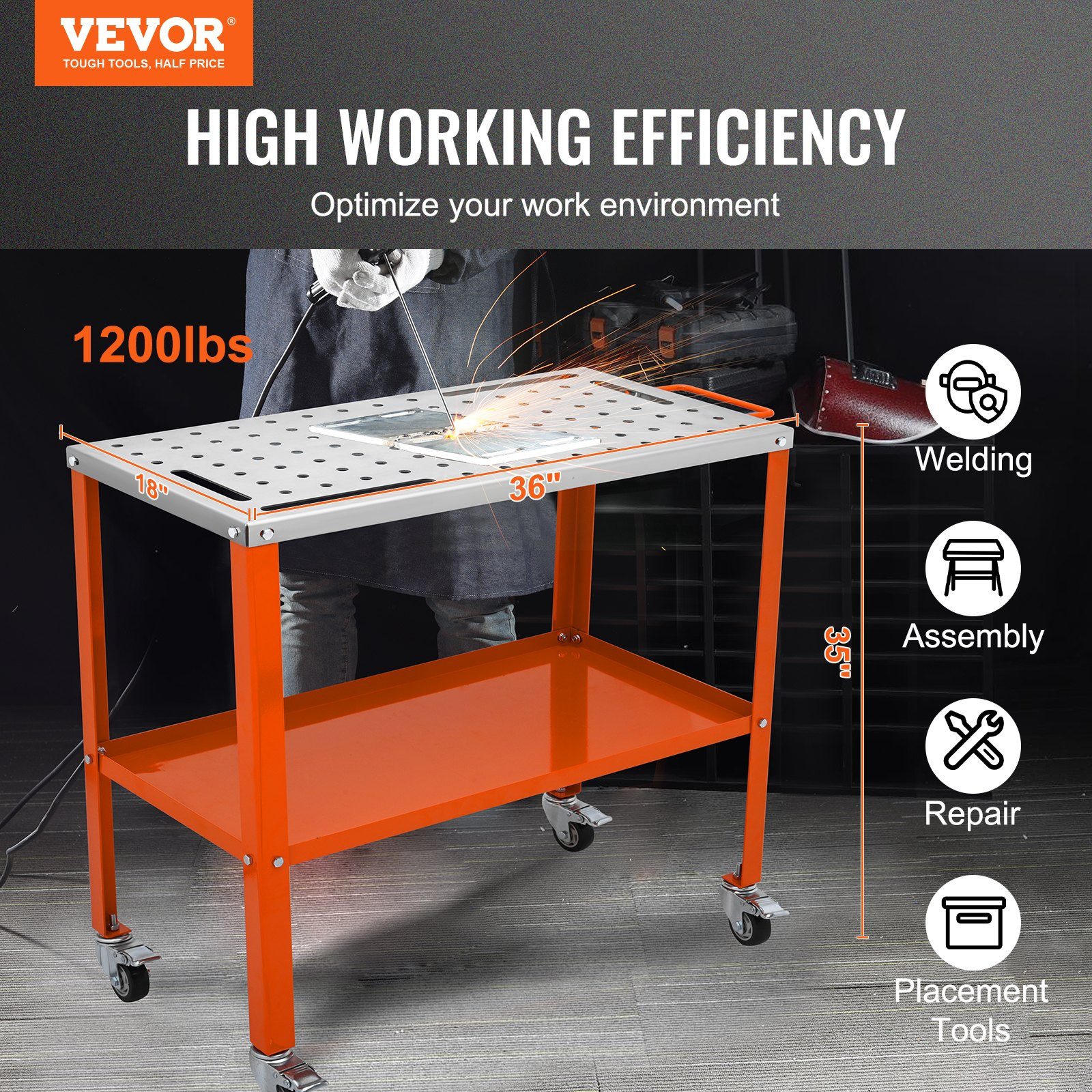 36"x18" Welding Table 1200 lbs Steel Workbench on Wheels w/ Casters & Tool Slots