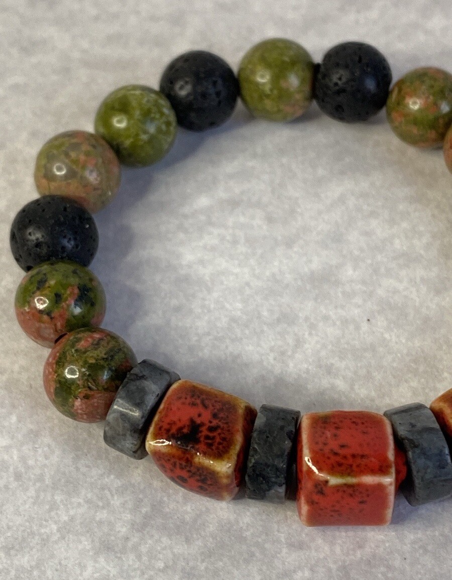 Unakite labradorite lava stone stretch bracelet