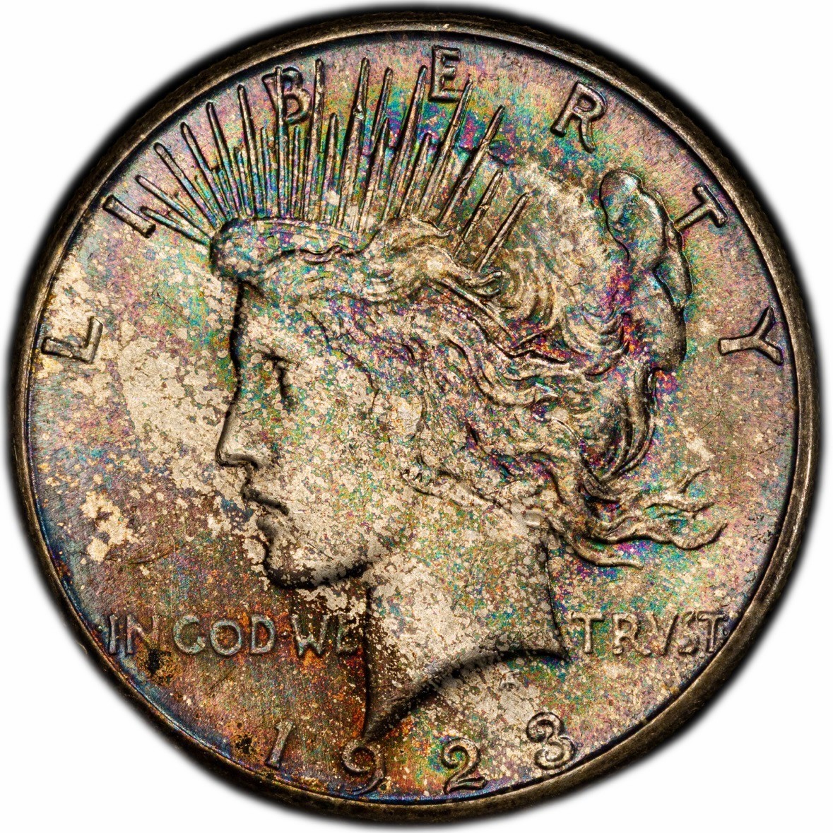 MS63 1923-S $1 Peace Silver Dollar, PCGS Trueview- Flashy Luster, Rainbow Toned!